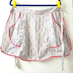 Vintage 1950's Striped Ticking Floral Print Half Apron 2 Pockets 43" Long